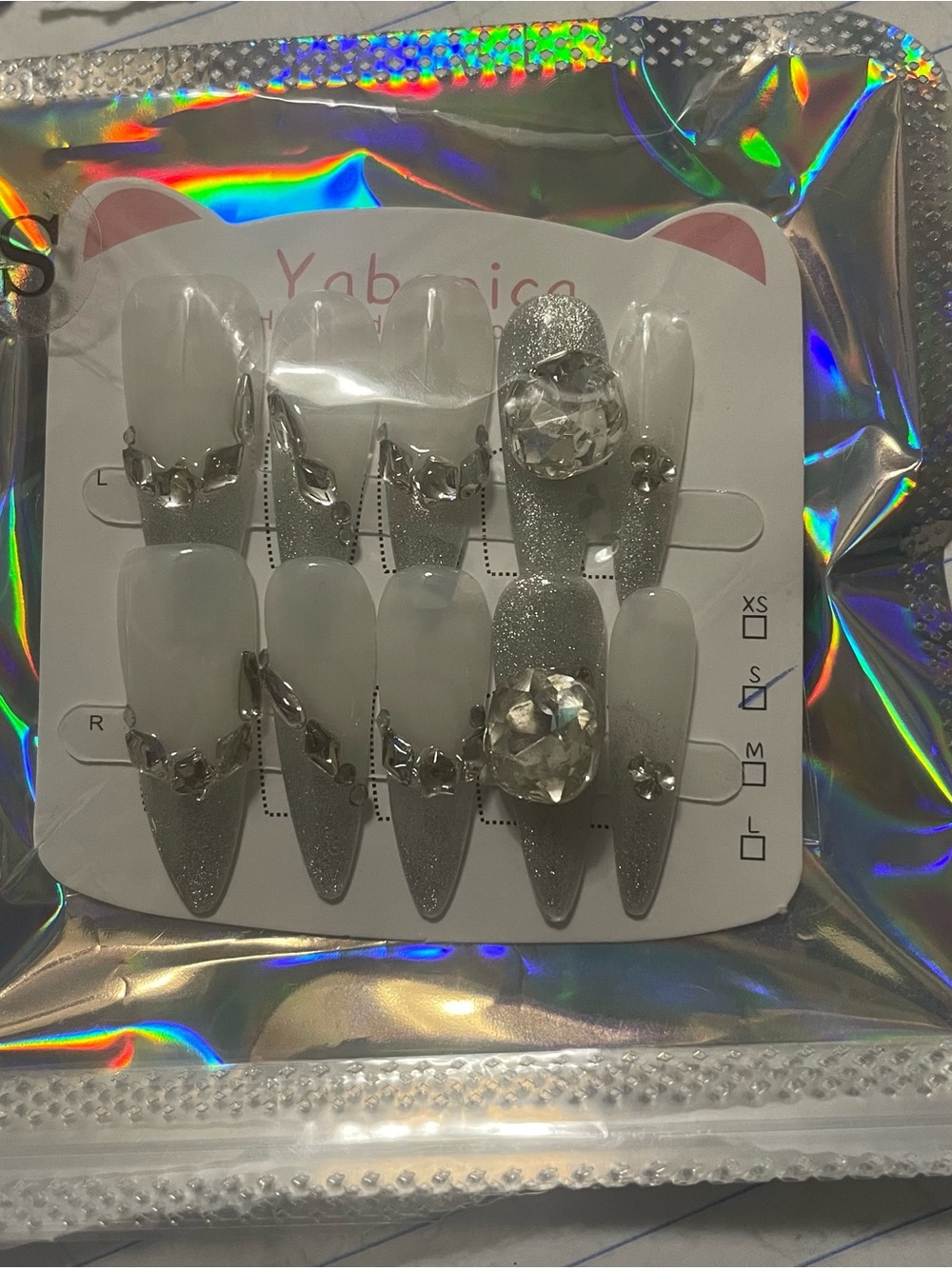 New Handmade Luxury 3D Rhinestone Cat Eye Press On Nails Size S Long Stiletto